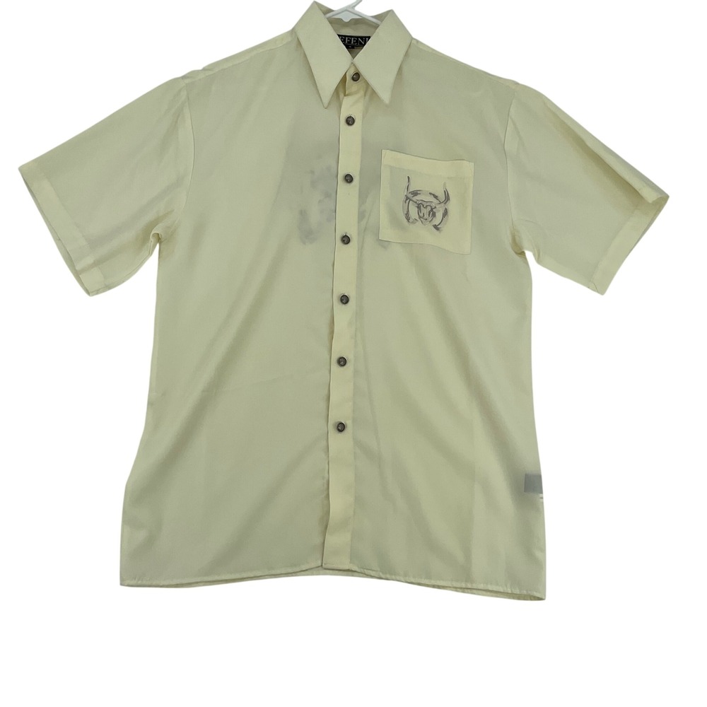 Sefeni Mens Cream Short Sleeve Button Down Shirt‎ Bull Graphic Microfibre Small